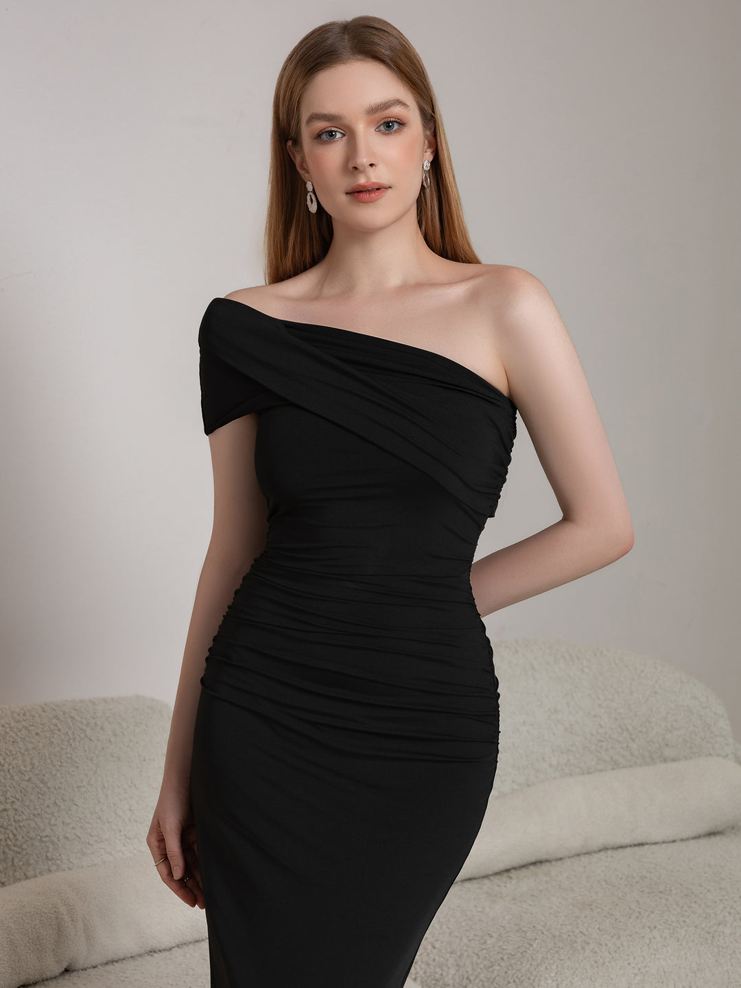 love by design ruched one shoulder midi dress Ruched One Shoulder Midi Dress
