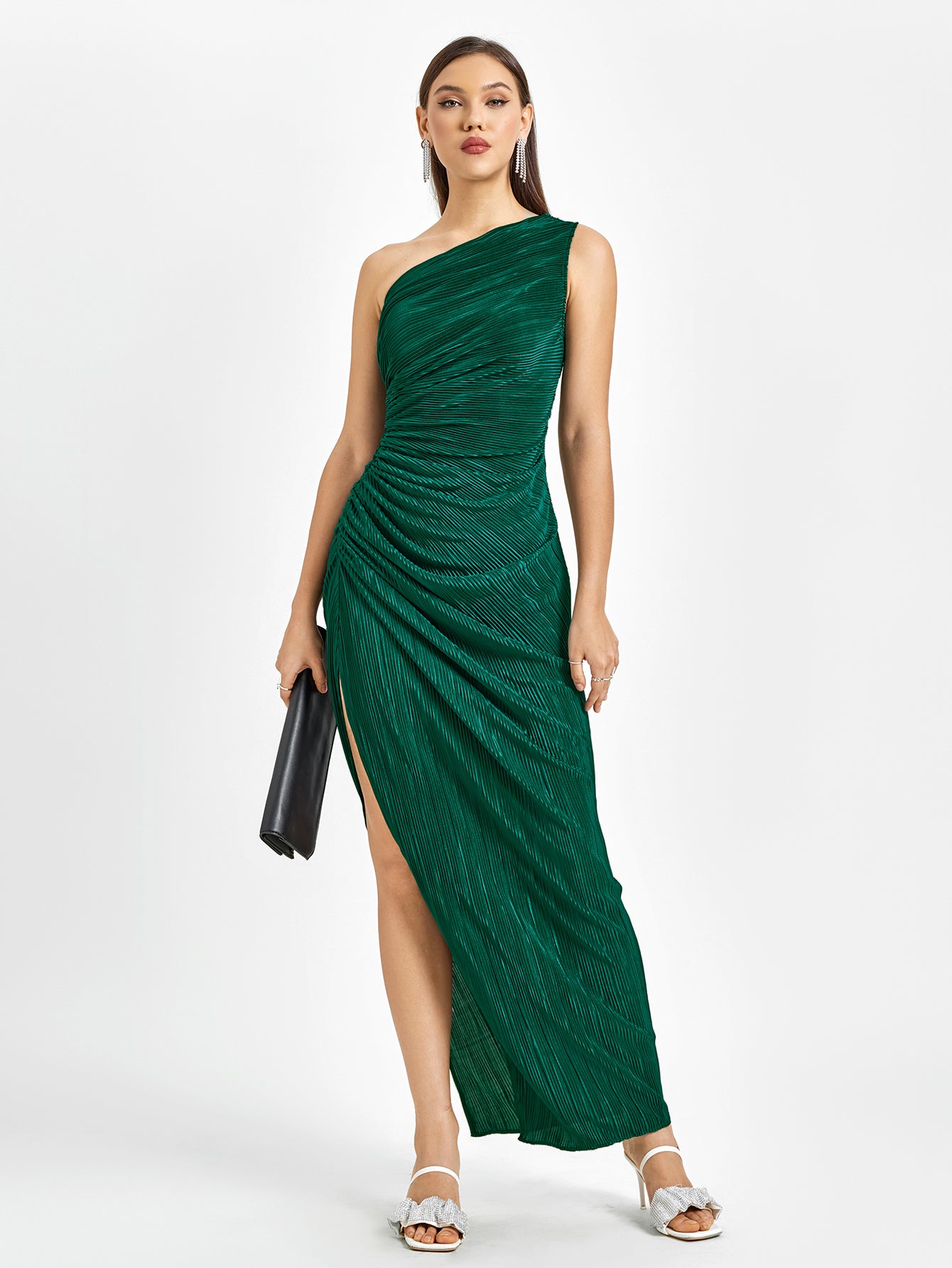 ruched one shoulder thigh slit dress#color_green