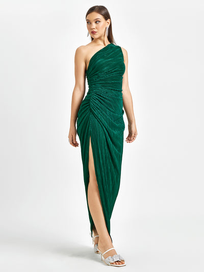 one shoulder ruched thigh slit dress#color_green