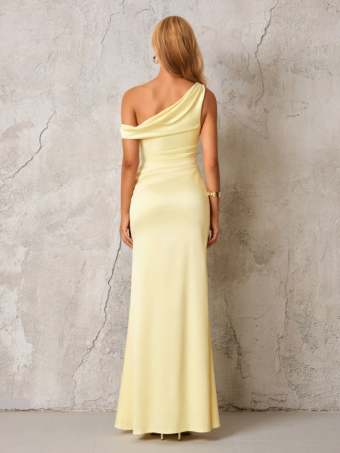 One Shoulder Bodycon Satin Dress#color_yellow
