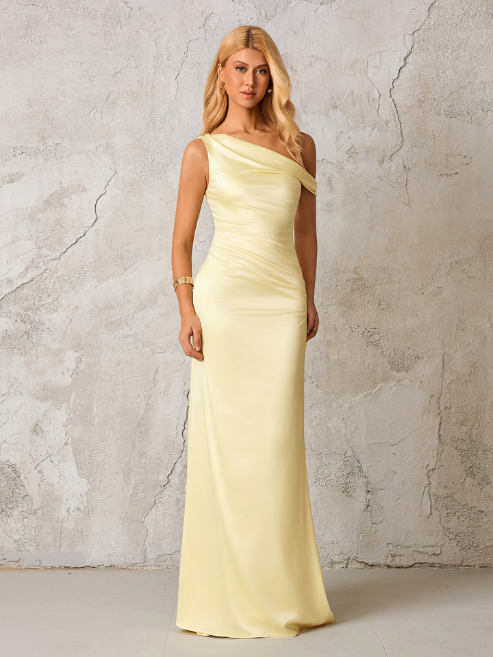 Bodycon Satin One Shoulder Dress#color_yellow