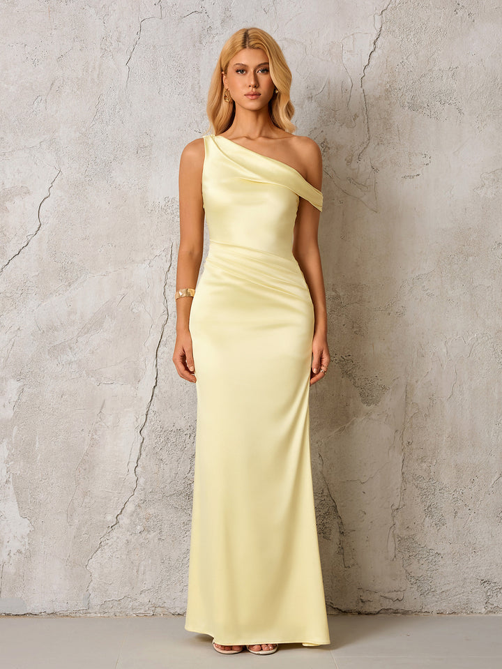 One Shoulder Satin Bodycon Dress#color_yellow