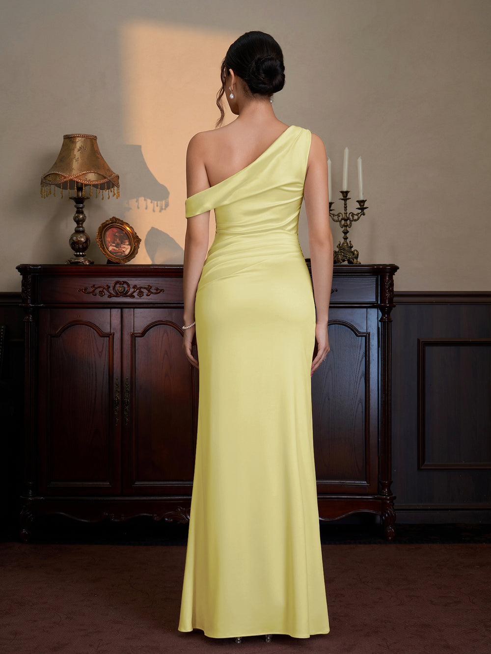 One Shoulder Bodycon Satin Maxi Dress#color_yellow