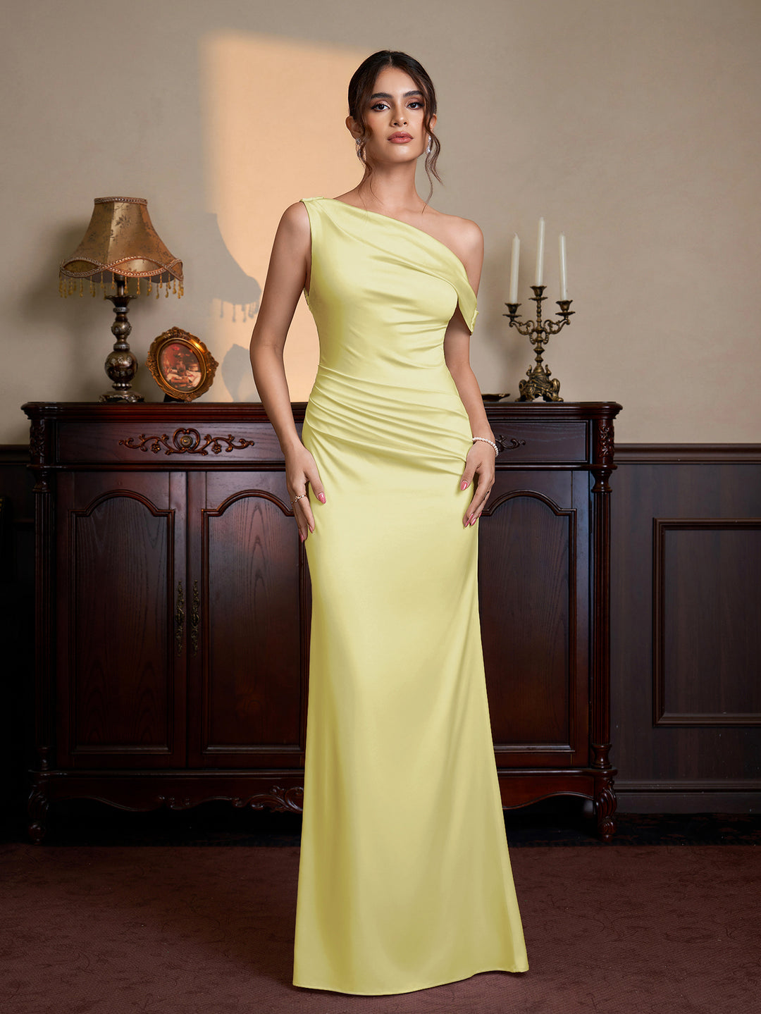 One Shoulder Satin Bodycon Maxi Dress, Yellow / XS
