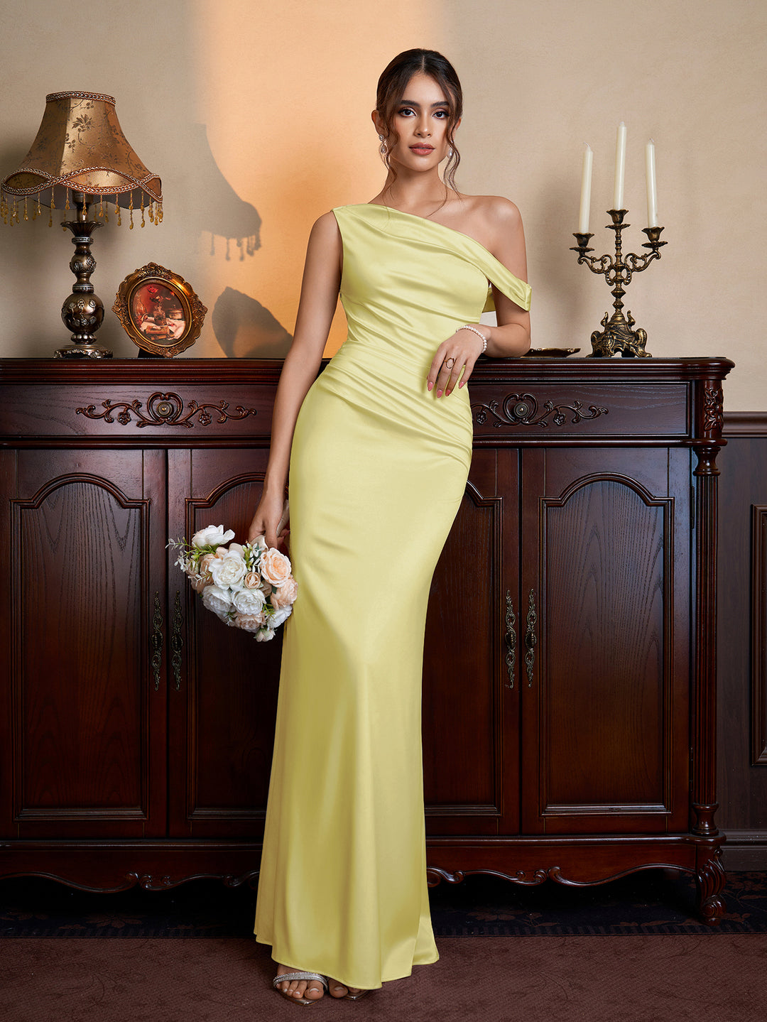 One Shoulder Satin Bodycon Maxi Dress, Yellow / XS
