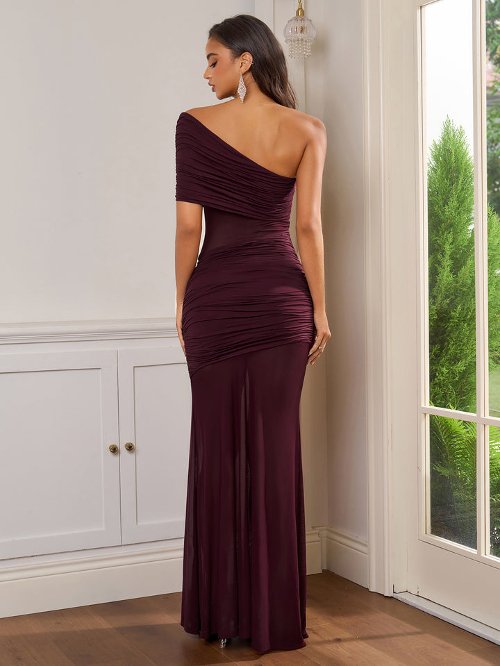 One Shoulder Ruched See Through Bodycon Dress#color_wine
