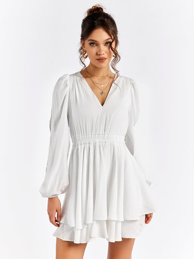 openwork sleeve v-neck tiered mini dress#color_white