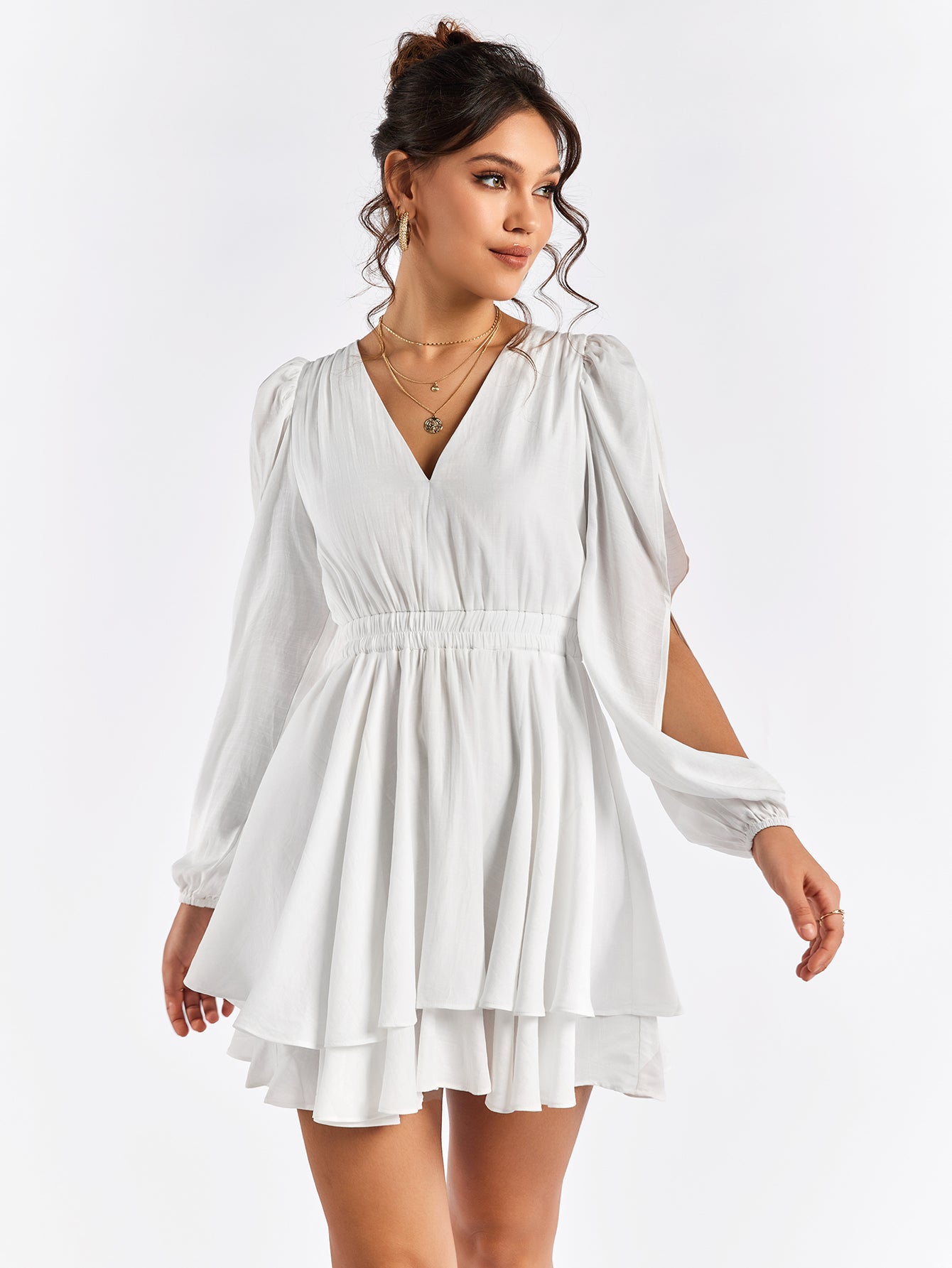 tiered openwork sleeve v-neck mini dress#color_white