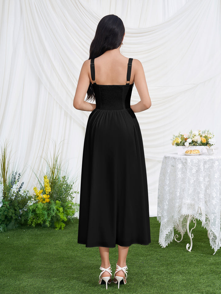 Openwork Pocket Split Thigh Floral Print Dress