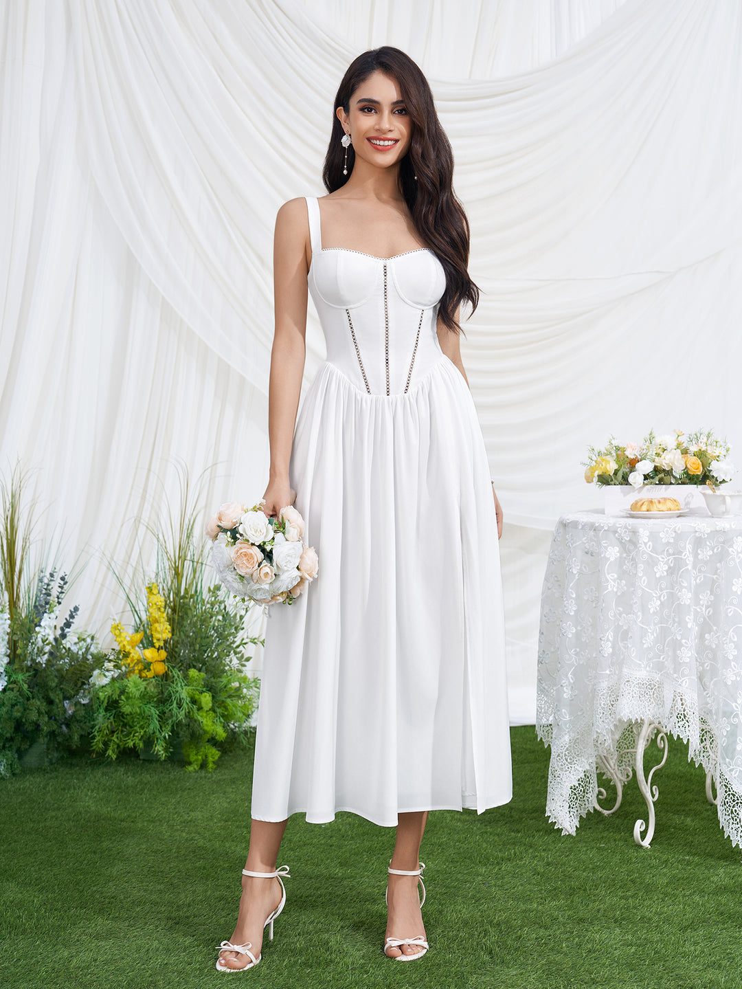 Pocket Openwork Split Thigh Floral Print Dress