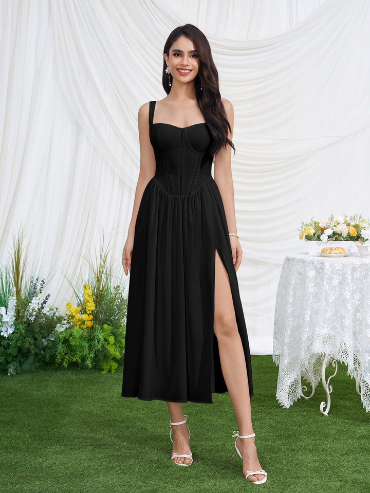 Pocket Openwork Split Thigh Floral Print Dress