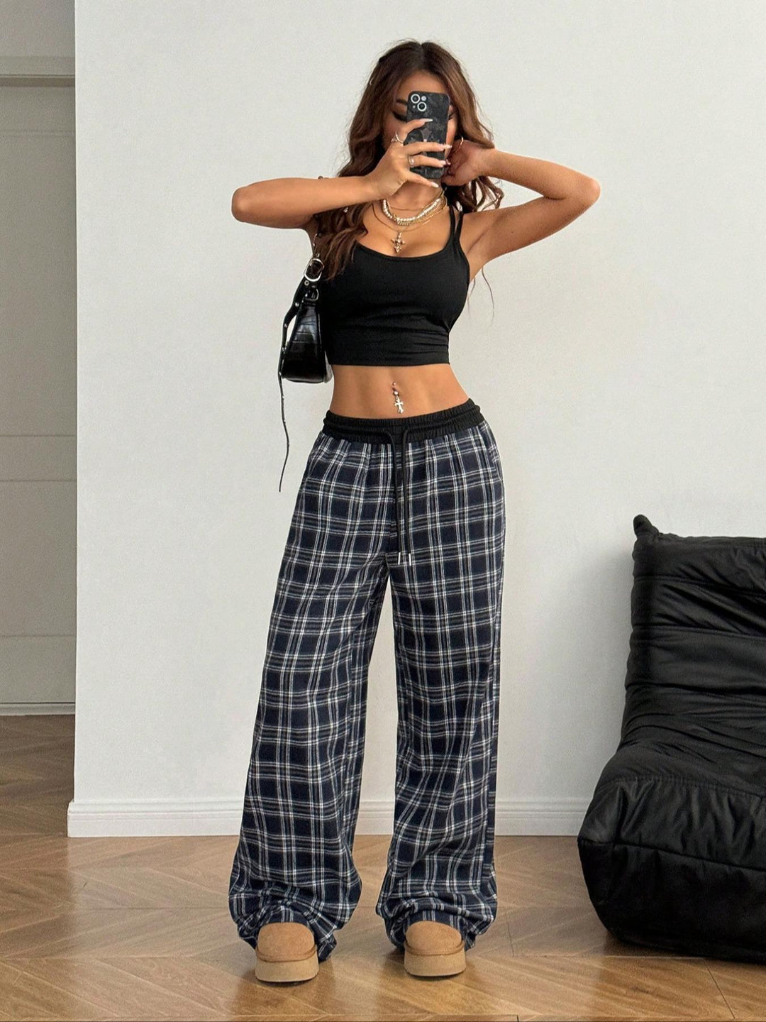 Shirred Plaid Drawstring Waistband Pants#color_black