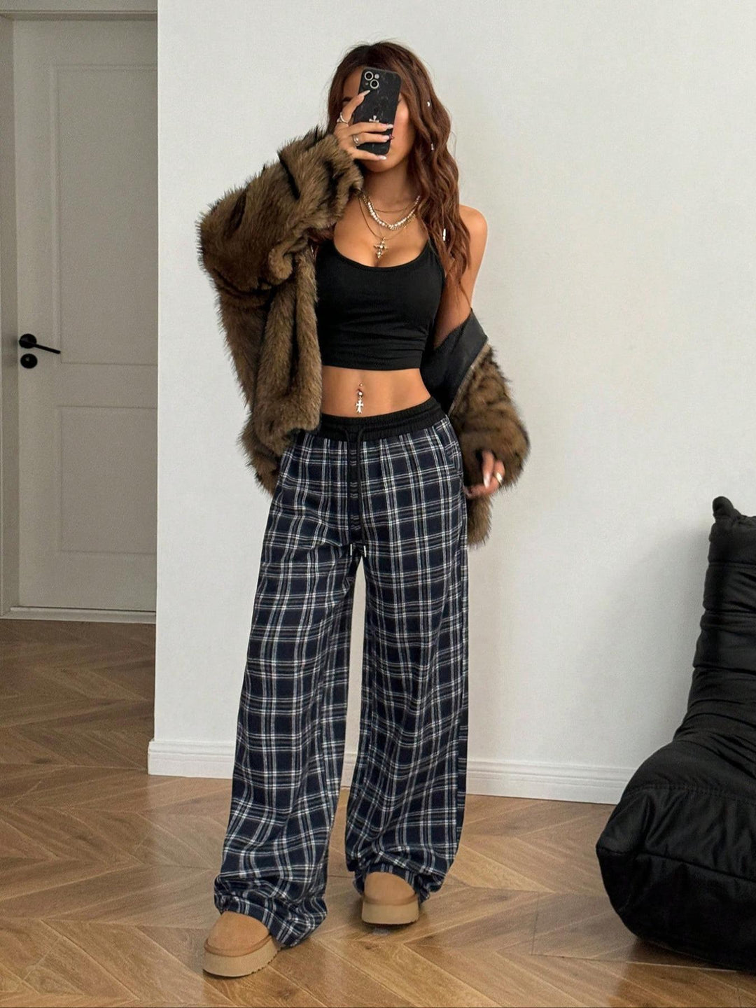 Drawstring Shirred Plaid Waistband Pants#color_black