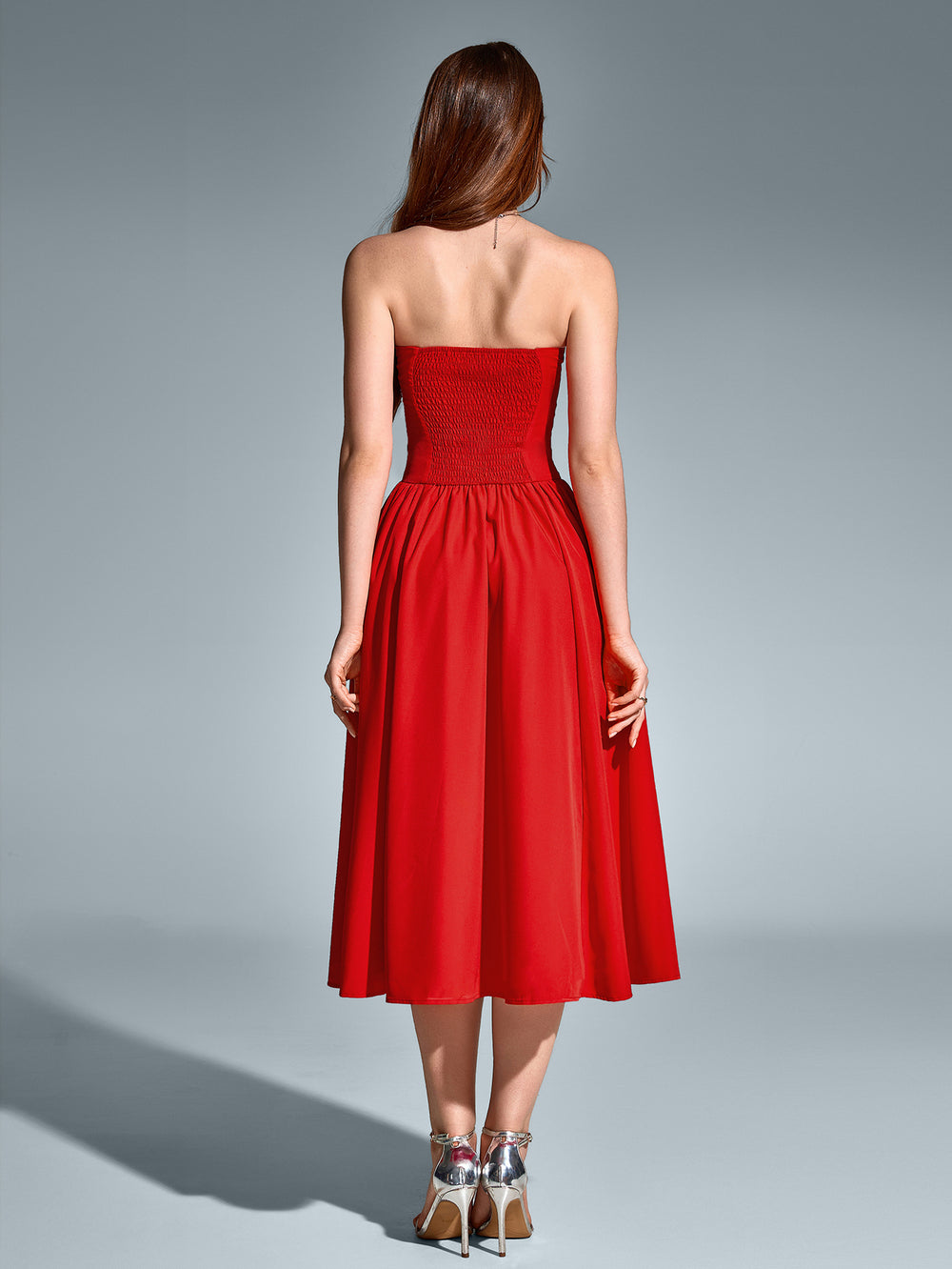 Pleat Corset Flared Hem Midi Dress, Red / XS Pleat Corset Flared Hem Midi Dress, Red / XS