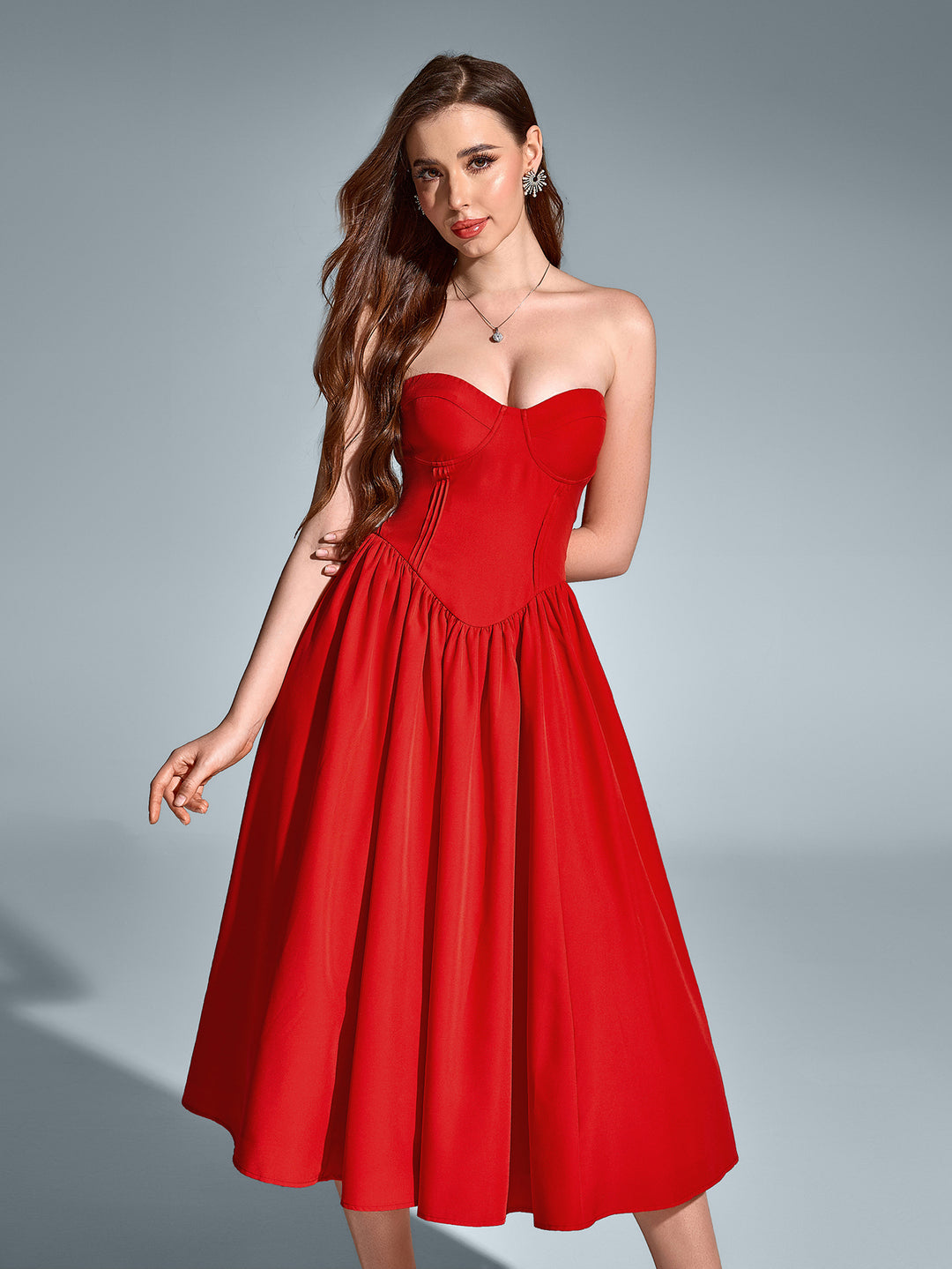 Pleat Corset Flared Hem Midi Dress, Red / Xs Pleat Corset Flared Hem Midi Dress, Red / Xs