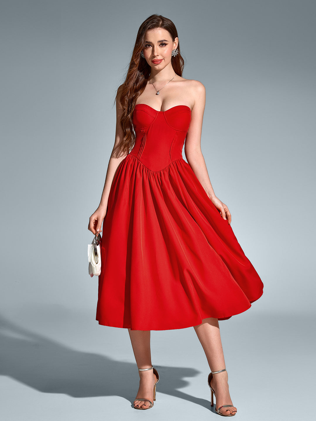 Pleat Corset Flared Hem Midi Dress, Red / XS Pleat Corset Flared Hem Midi Dress, Red / XS