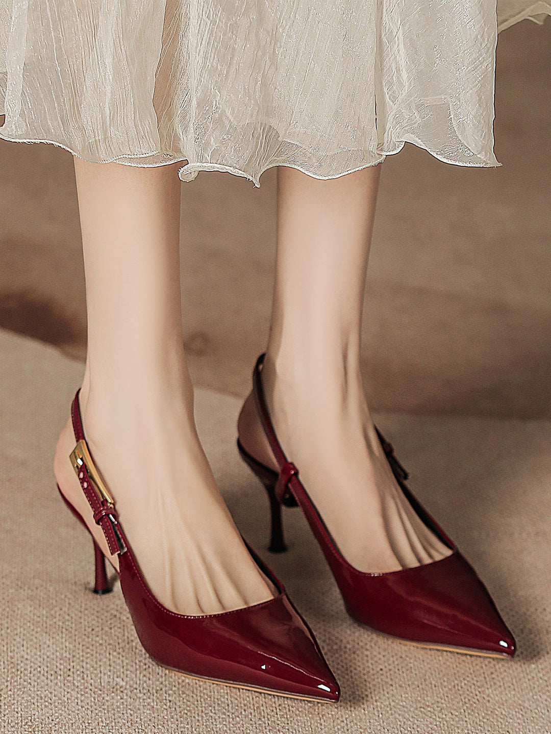 Toe Stiletto Pointed High Heel With Ankle Strap#color_wine
