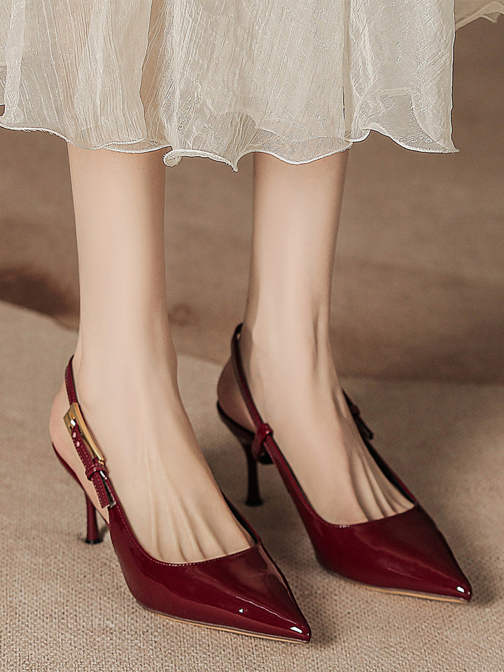 Toe Stiletto Pointed High Heel With Ankle Strap#color_wine