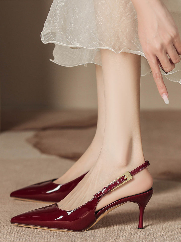 Pointed Stiletto Toe High Heel With Ankle Strap#color_wine