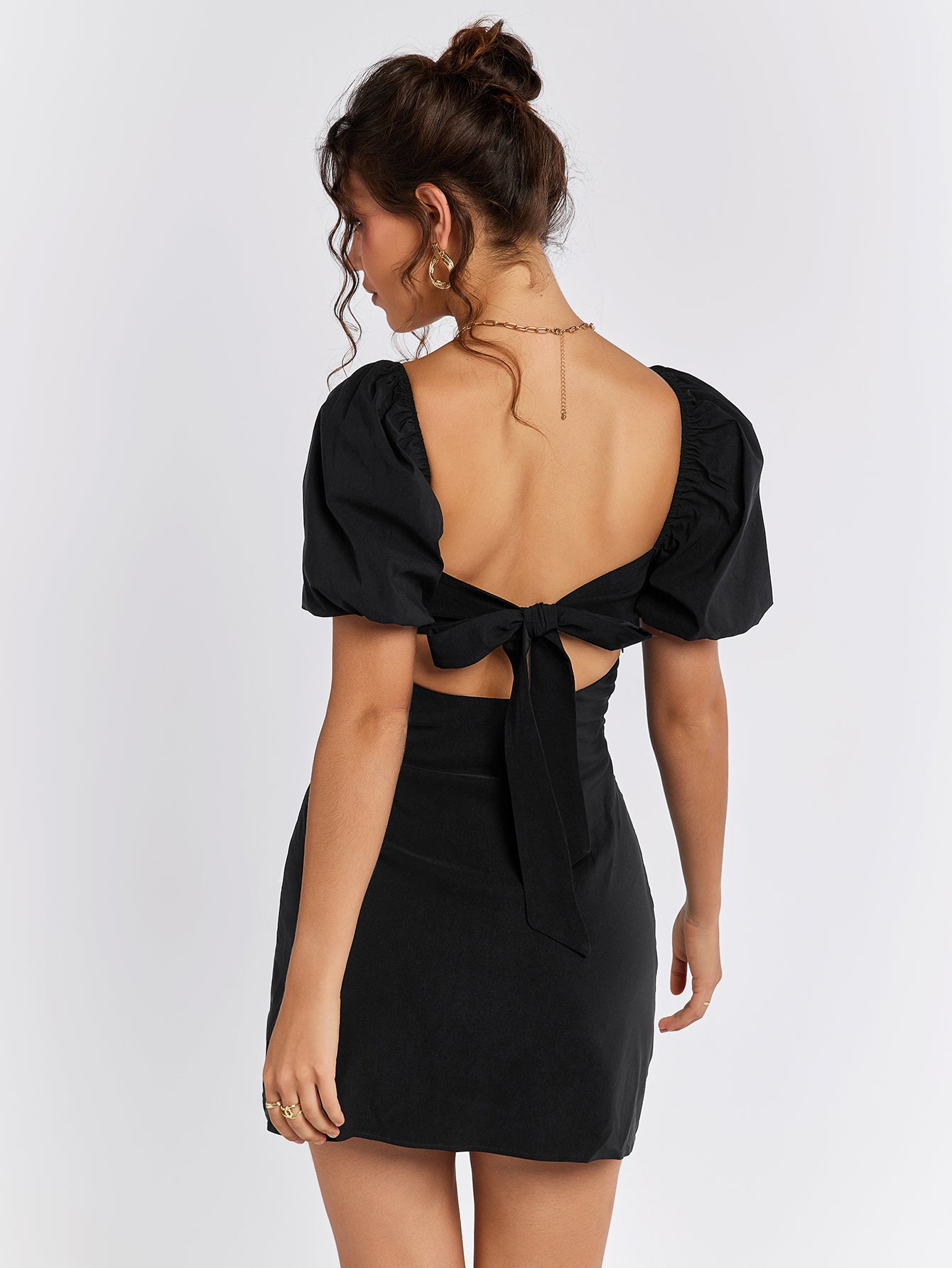 backless puff sleeve cut out mini dress#color_black