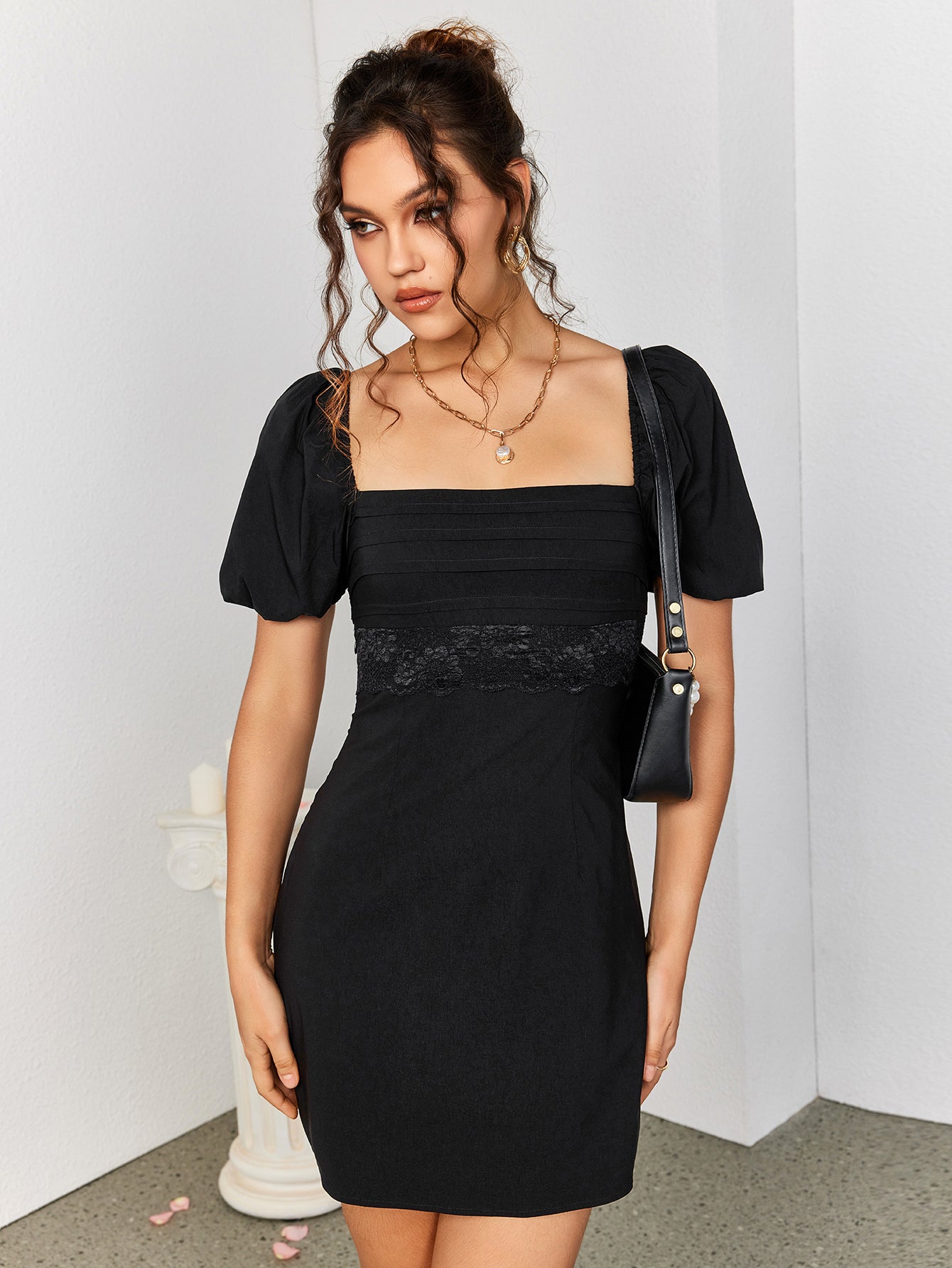 cut out backless puff sleeve mini dress#color_black