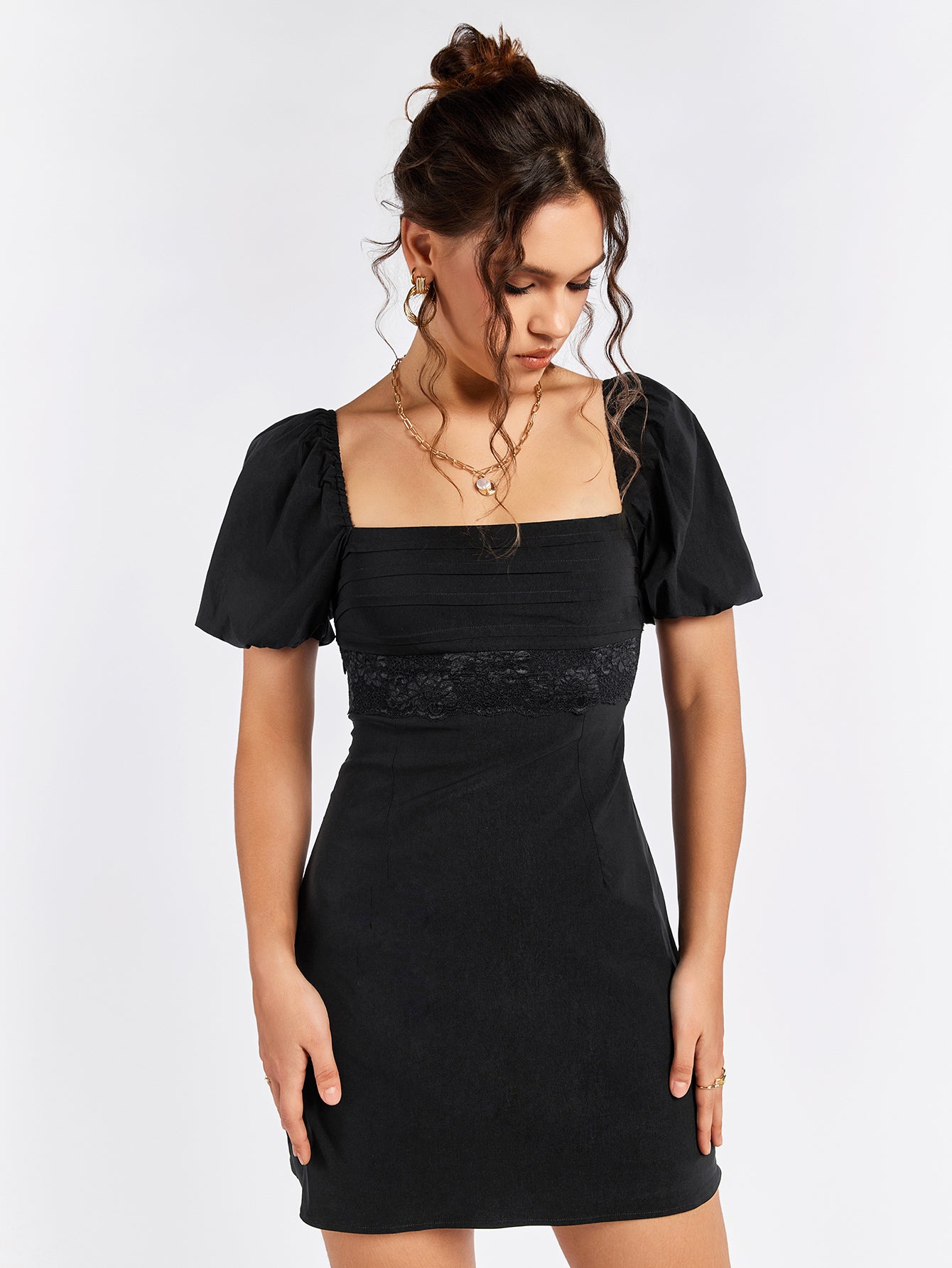 puff sleeve backless cut out mini dress#color_black