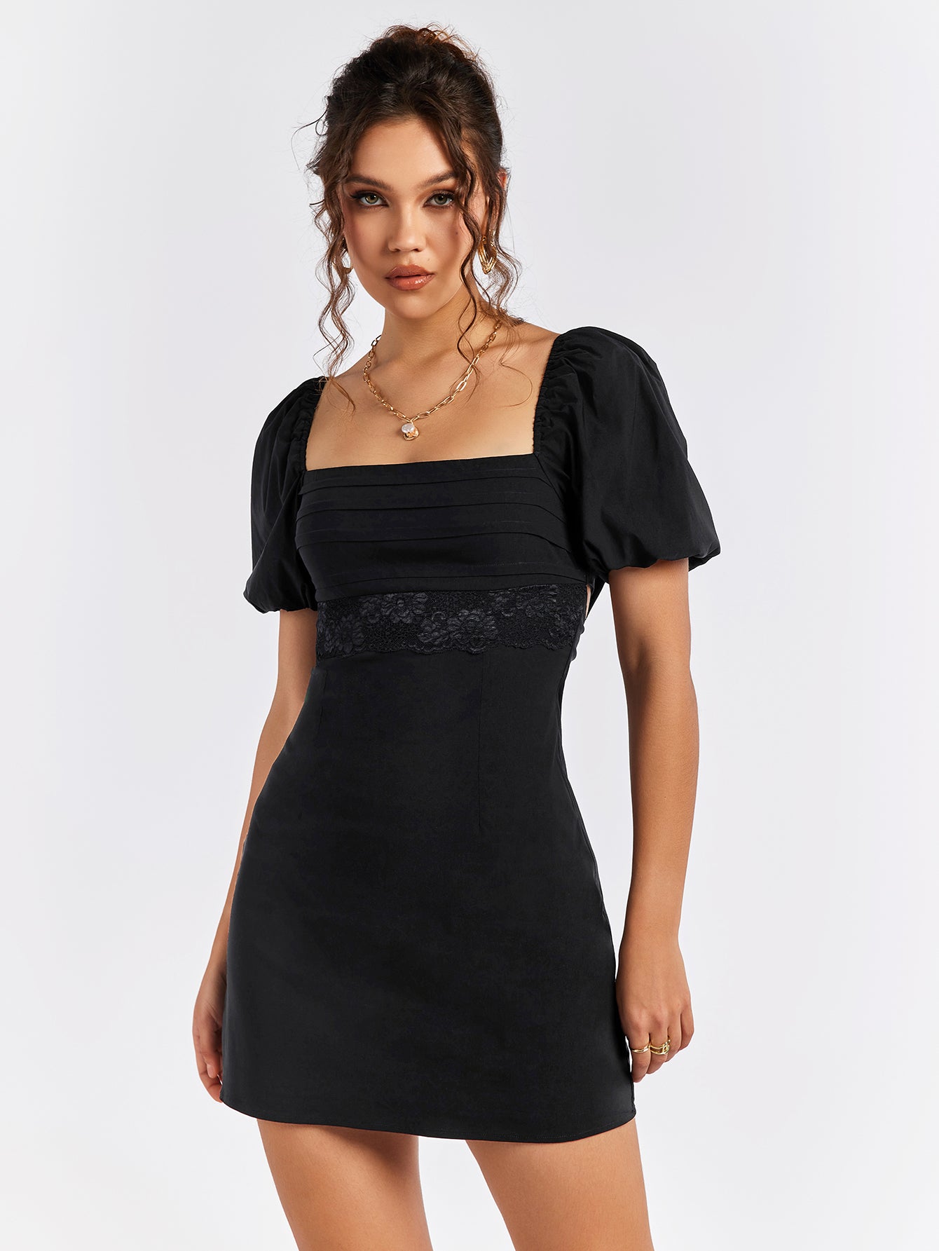 cut out puff sleeve backless mini dress#color_black