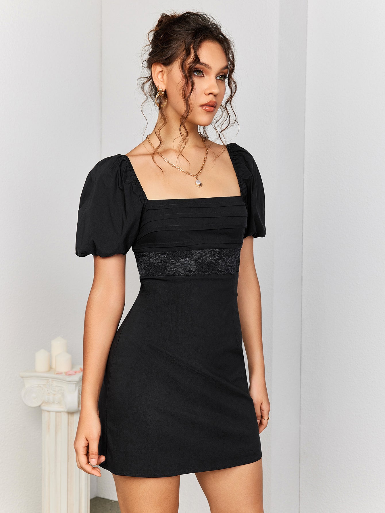 puff sleeve cut out backless mini dress#color_black