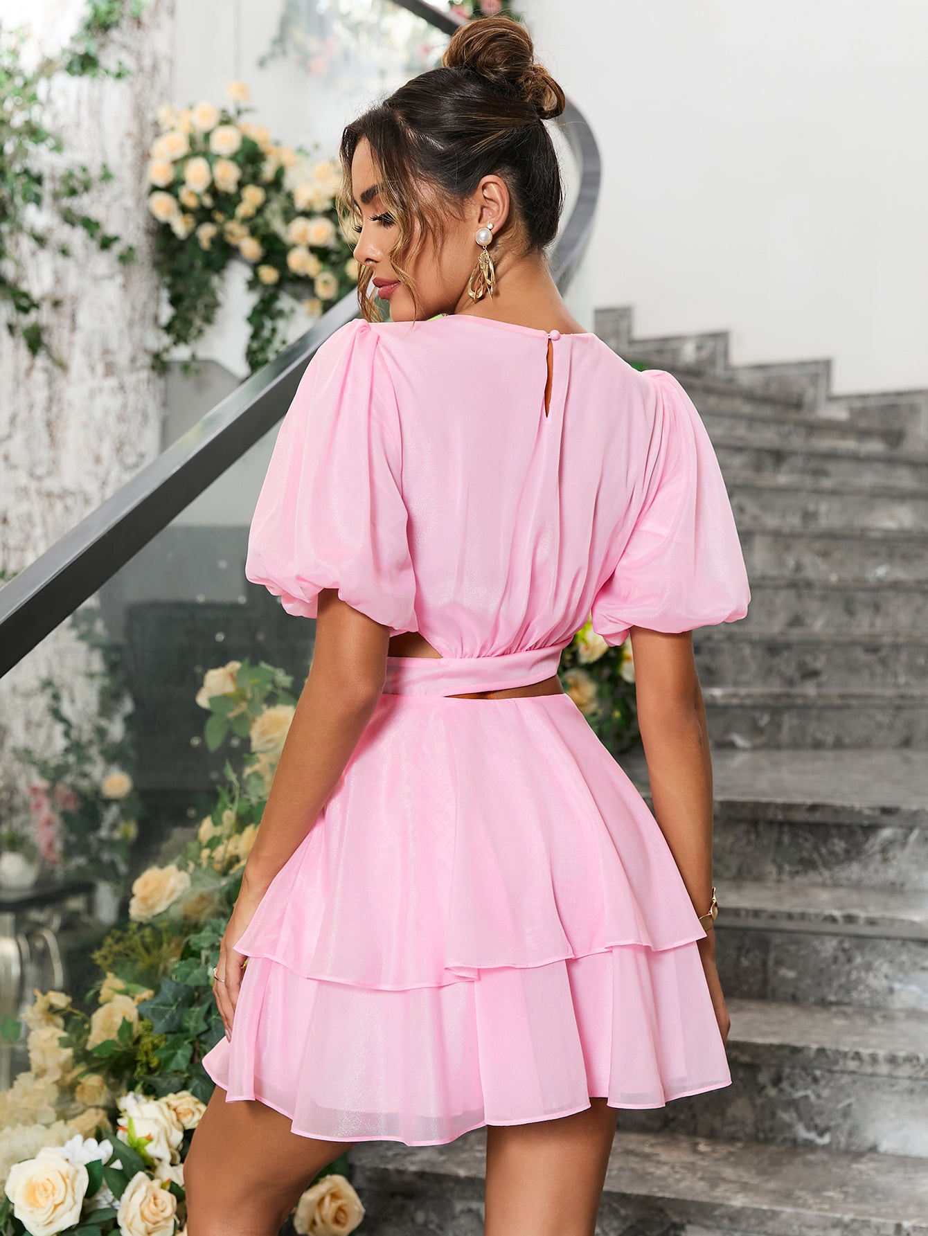 cut out puff sleeve tiered mini dress#color_pink