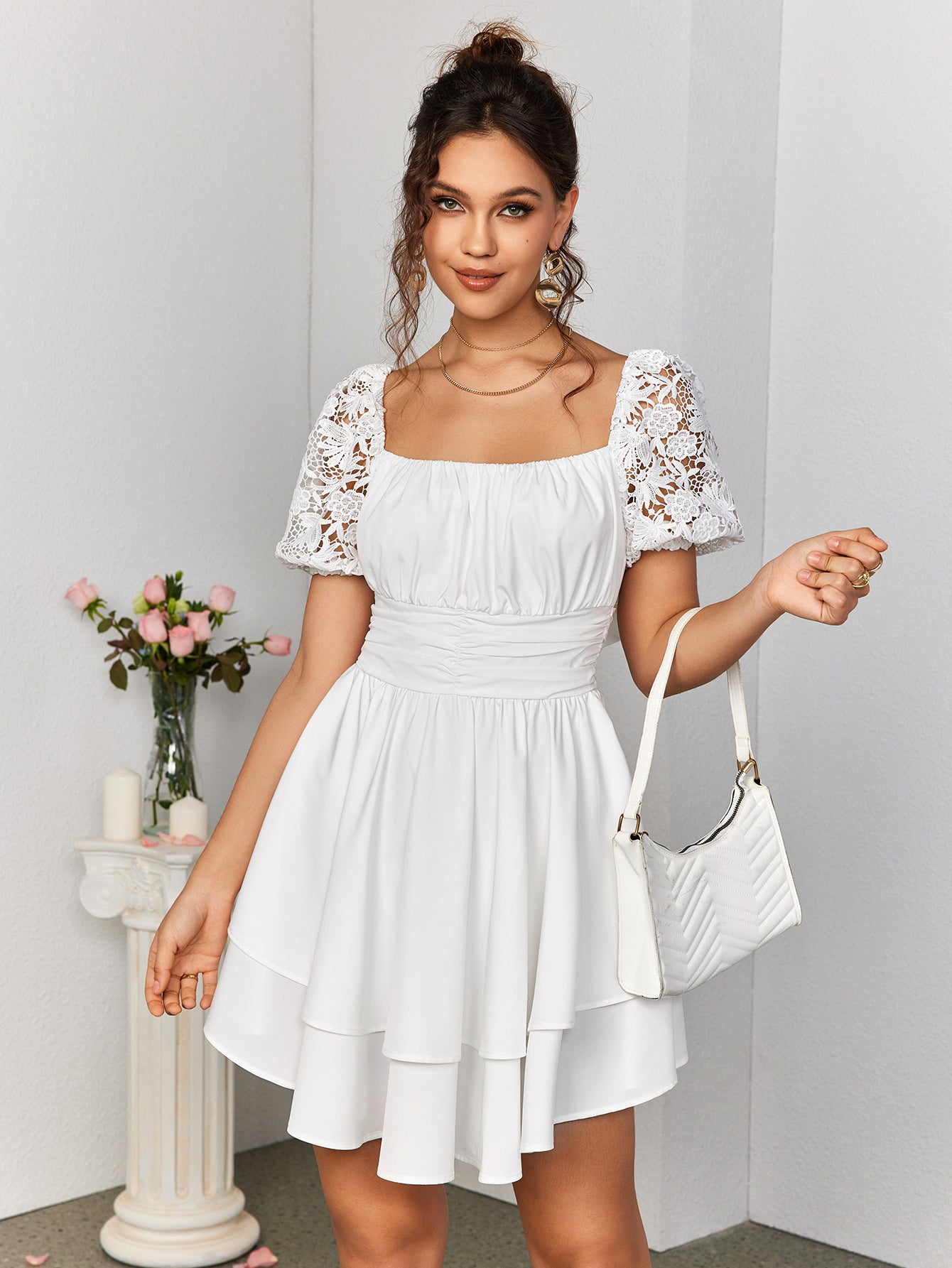 tiered embellished puff sleeve dress#color_white