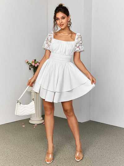 embellished tiered puff sleeve dress#color_white