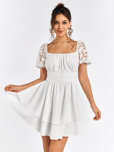 puff sleeve embellished tiered dress#color_white