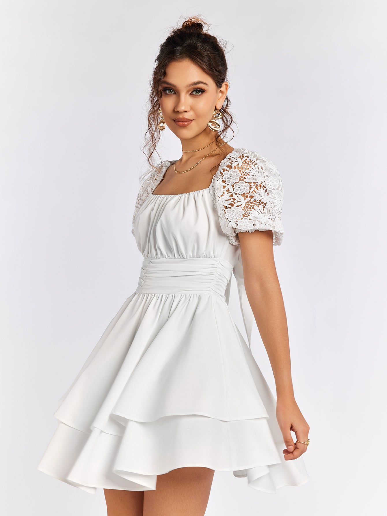 puff sleeve tiered embellished dress#color_white