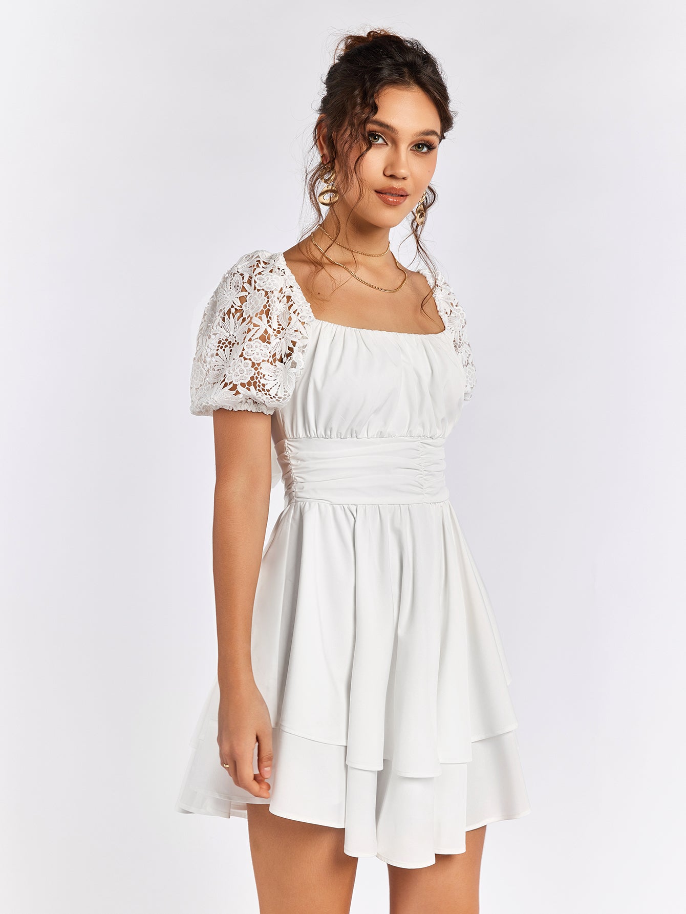 tiered puff sleeve embellished dress#color_white