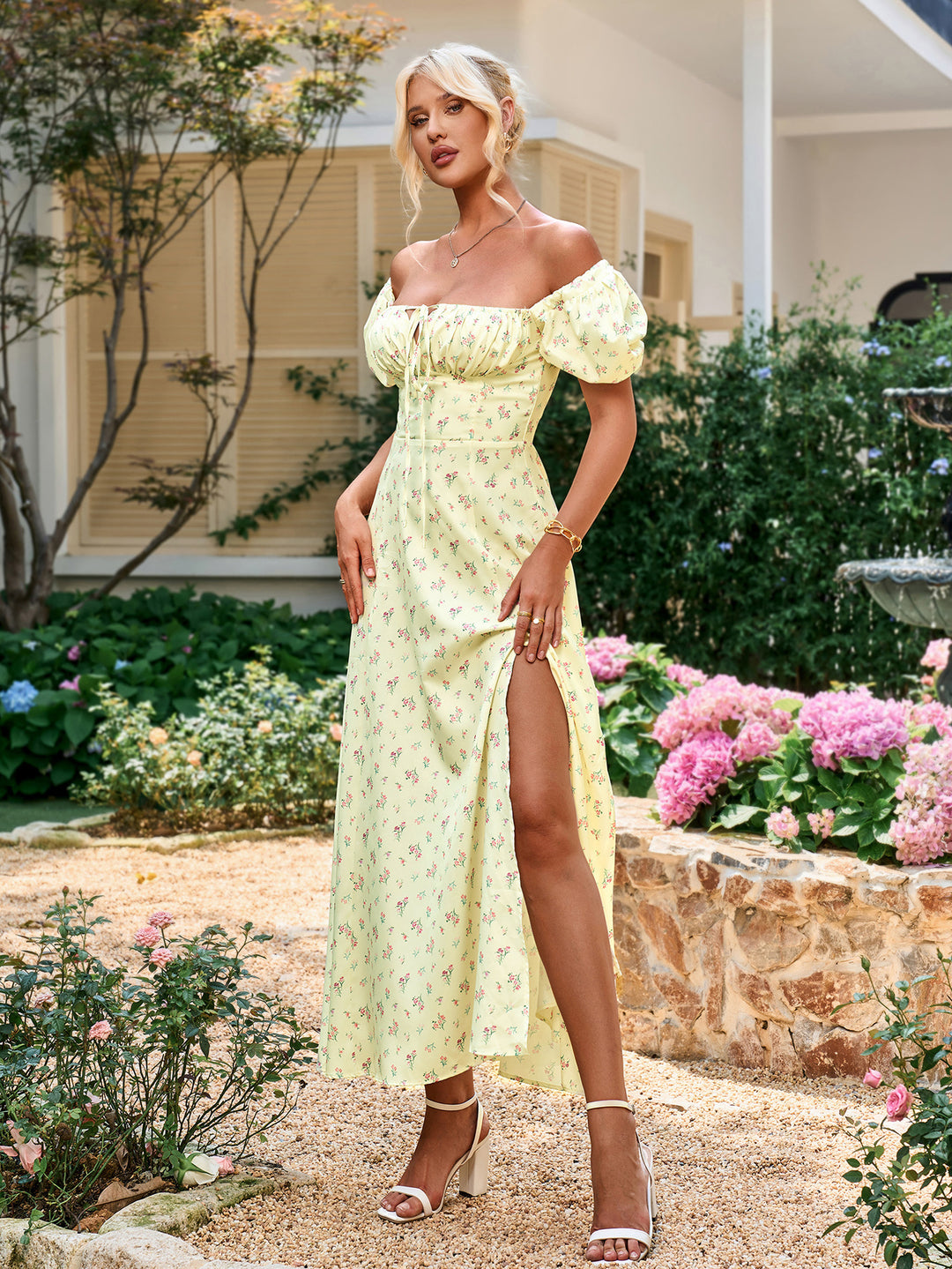 Puff Sleeve High Split Floral Print Dress Parthea Fashion Puff Sleeve High Split Floral Print Dress Parthea Fashion