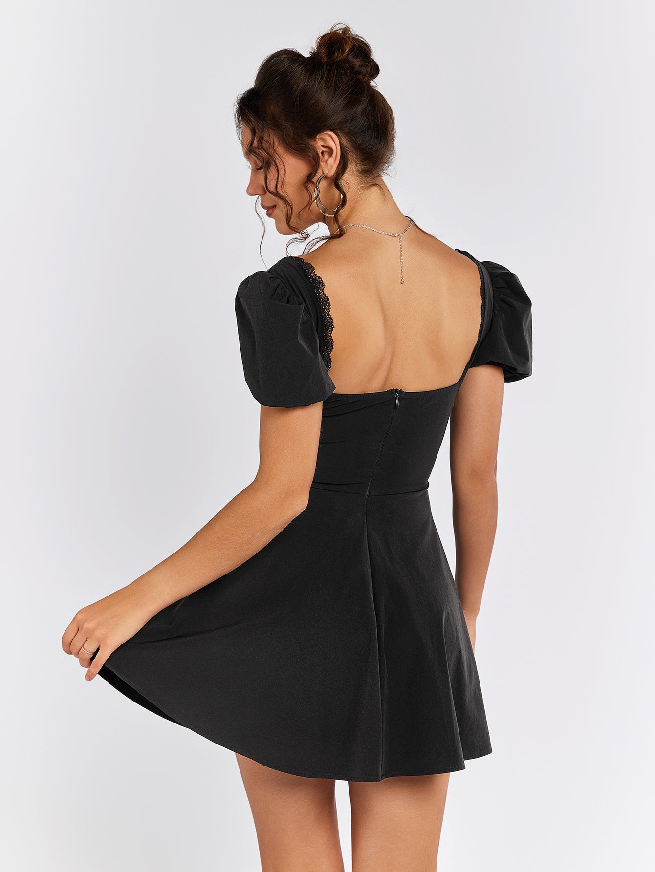 lace trim puff sleeve backless mini dress#color_black