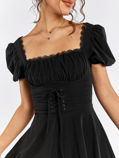 backless lace trim puff sleeve mini dress#color_black