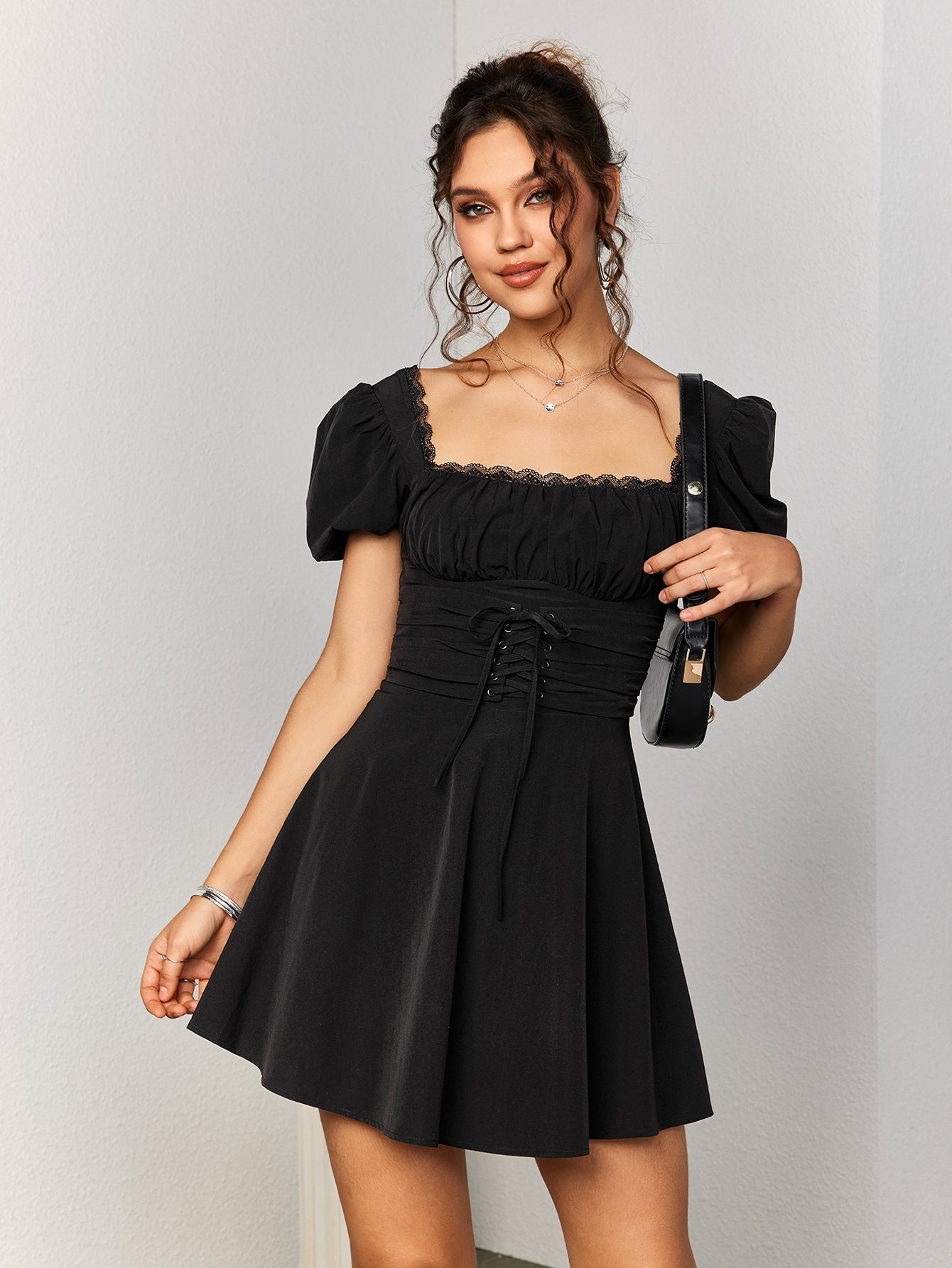 lace trim backless puff sleeve mini dress#color_black