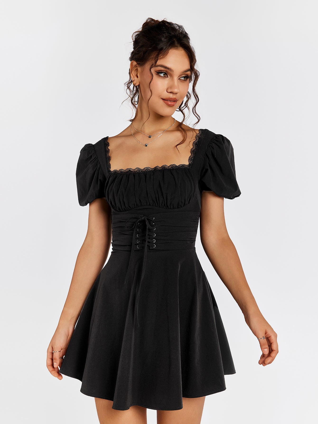 puff sleeve lace trim backless mini dress#color_black