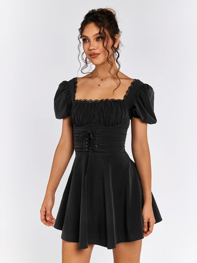 puff sleeve backless lace trim mini dress#color_black