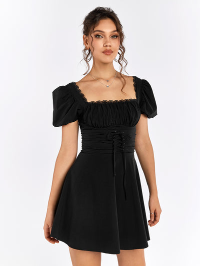 backless puff sleeve lace trim mini dress#color_black