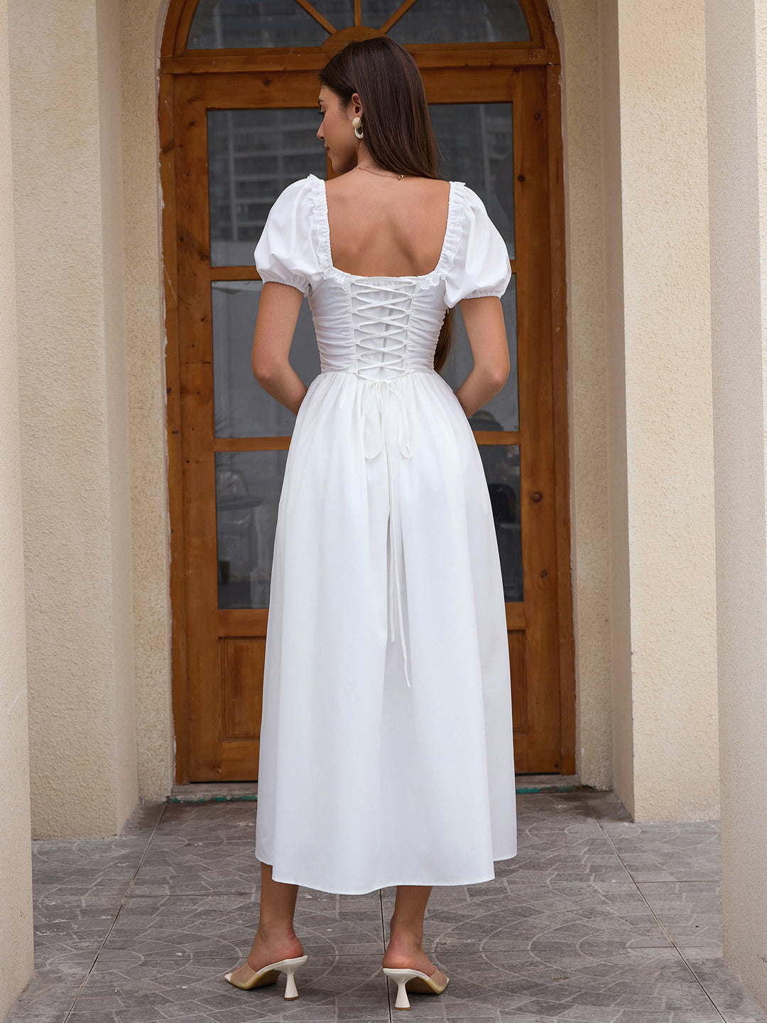 Puff Sleeve Lace Trim Ruched With Pockets Midi Dress, White / XS Puff Sleeve Lace Trim Ruched With Pockets Midi Dress, White / XS