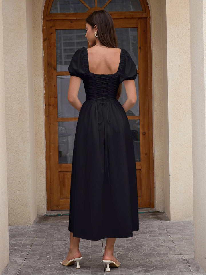 Puff Lace Sleeve Trim Ruched With Pockets Midi Dress#color_black