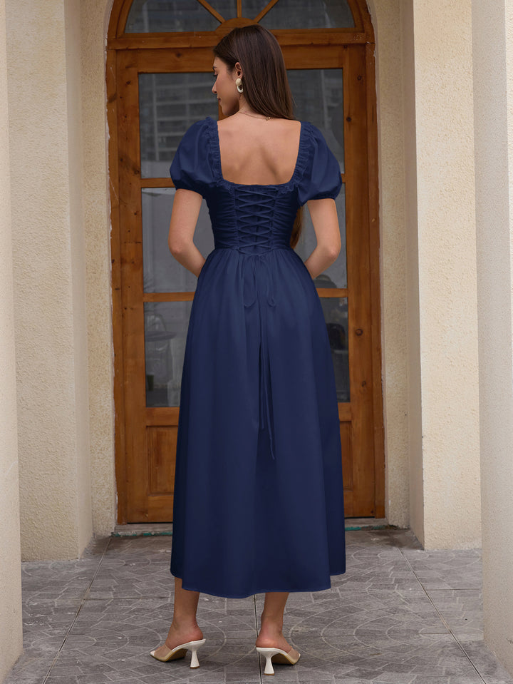 Puff Lace Sleeve Trim Ruched With Pockets Midi Dress#color_navy