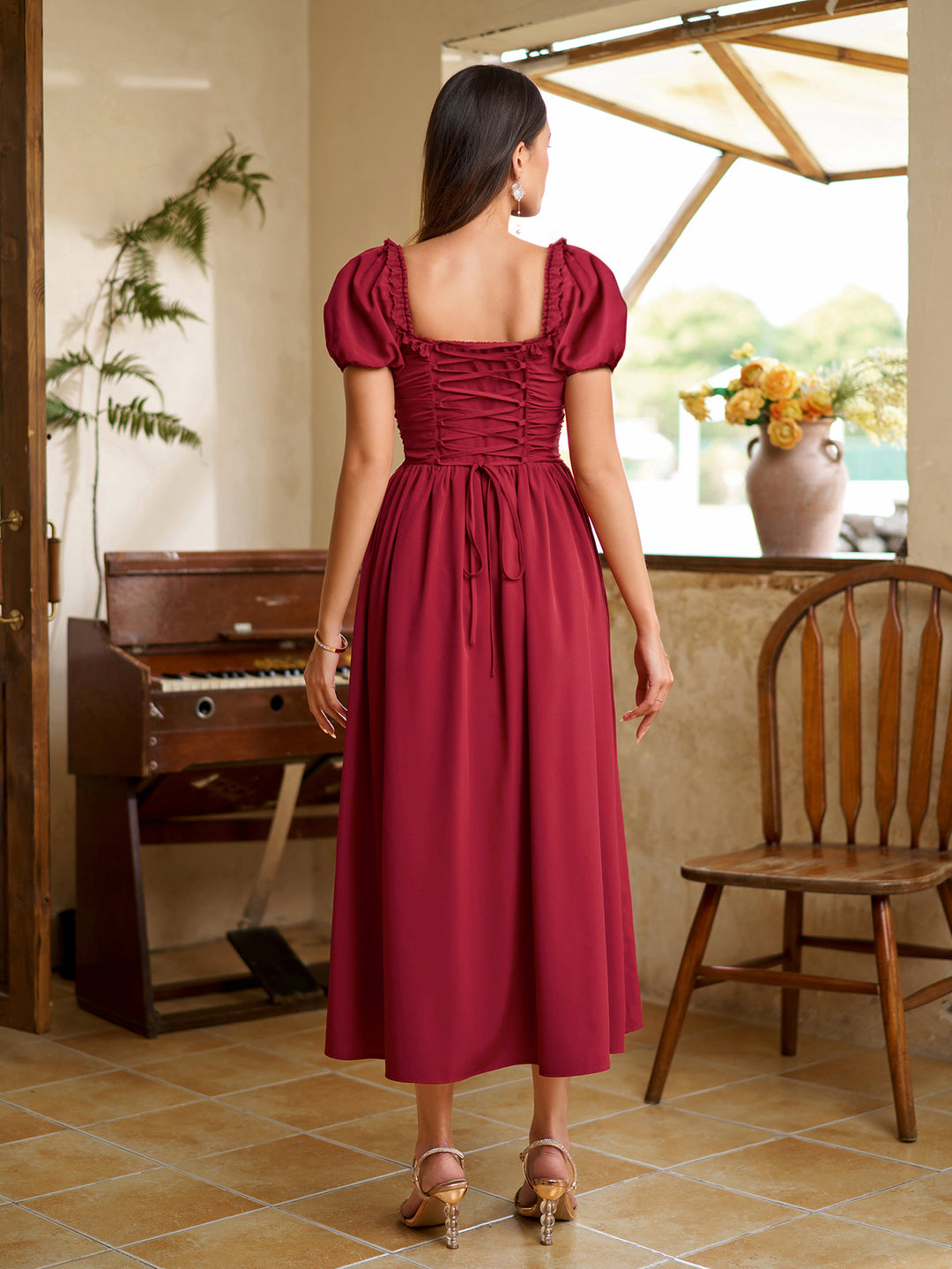 Puff Lace Sleeve Trim Ruched With Pockets Midi Dress#color_red