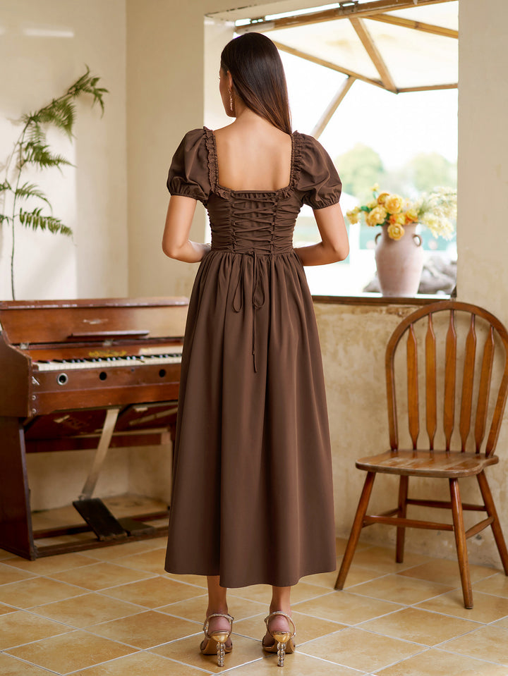 Puff Lace Sleeve Trim Ruched With Pockets Midi Dress#color_brown