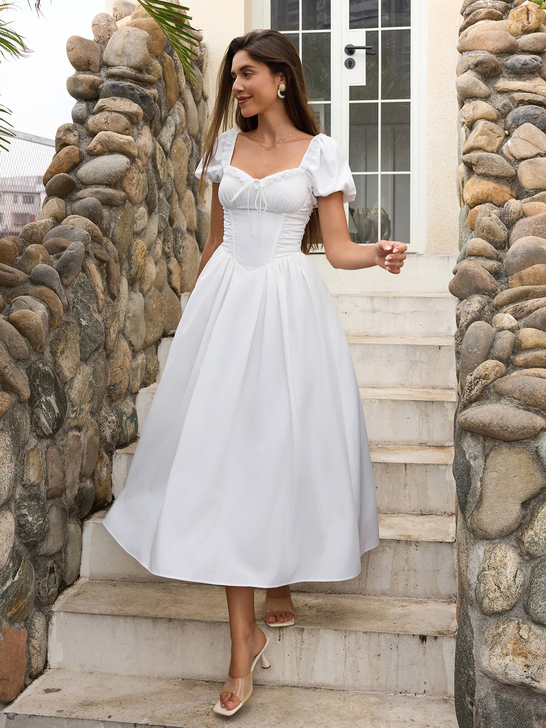 Puff Sleeve Lace Trim Ruched With Pockets Midi Dress, White / XS Puff Sleeve Lace Trim Ruched With Pockets Midi Dress, White / XS