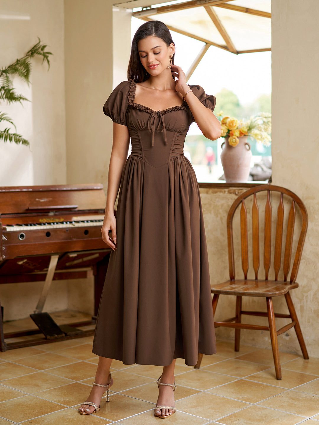 Lace Sleeve Puff Trim Ruched With Pockets Midi Dress#color_brown