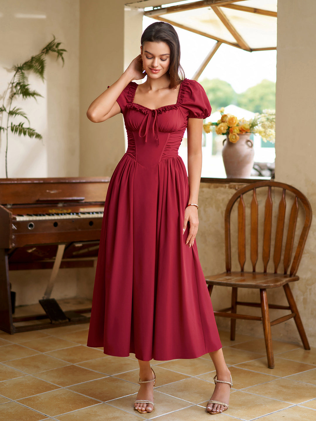 Lace Sleeve Puff Trim Ruched With Pockets Midi Dress#color_red