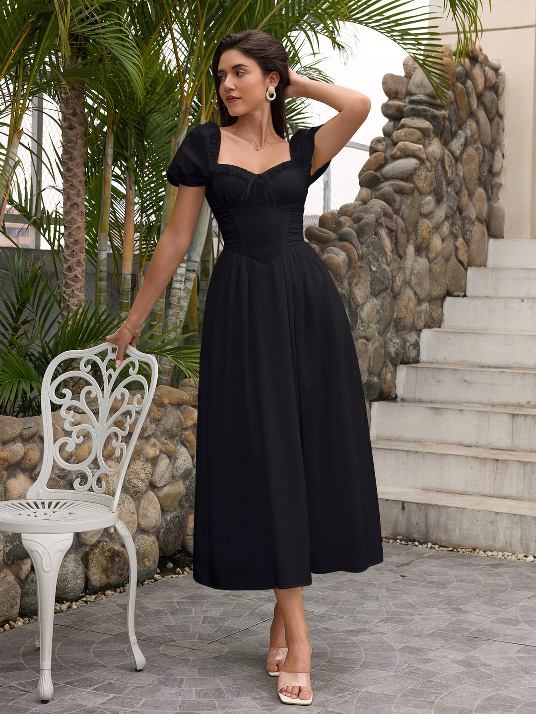 Lace Sleeve Puff Trim Ruched With Pockets Midi Dress#color_black